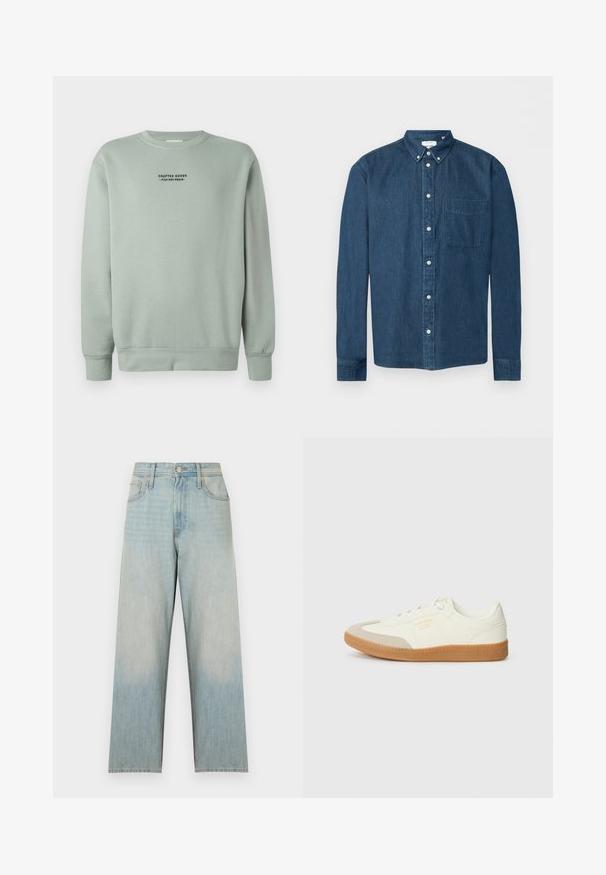 Svetlá šalviová mikina s dlhými rukávmi a čiernym textom "Crafted Goods - Pier One Denim" umiestneným na hrudi.; Tmavomodrá rifľová košeľa na gombíky s dlhými rukávmi, predným vreckom na ľavej strane a gombíkovým golierom, zobrazená na bielom pozadí.; Svetlomodré džínsy s vysokým pásom, rovné nohavice, s prednými vreckami, pútkami na opasok a zapínaním na gombíky.; Tenisky vyrobené z bielej kože s béžovou špičkou a svetlohnedou gumovou podrážkou. Majú ploché biele šnúrky a embosované logo na boku.