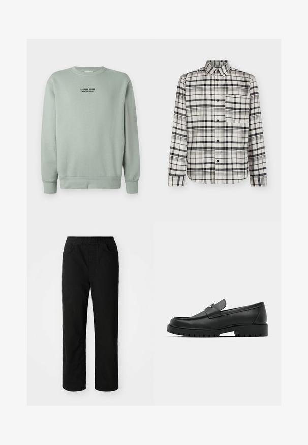 Sweatshirt à col rond de couleur vert sauge clair avec des manches longues et du texte noir "Crafted Goods - Pier One Denim" centré sur la poitrine.; Chemise boutonnée à rayures noires et blanches ; manches longues, poche poitrine unique et col classique, faite de tissu doux.; Pantalons en coton noir avec une coupe décontractée, taille élastique, deux poches avant et jambes droites. Texture lisse sans motifs visibles.; Mocassins en cuir noir à bout arrondi, avec un design cousu, une semelle plateforme basse et une semelle en caoutchouc texturée et crantée.