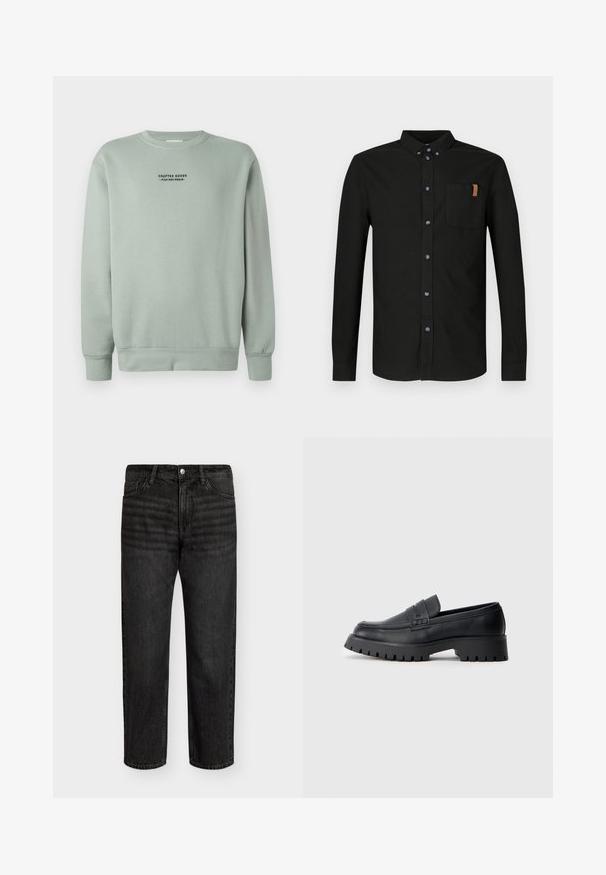 Kerge salvei rohelise värvi ümarkaelusega sviiter, millel on pikad varrukad ja must tekst "Crafted Goods - Pier One Denim", mis on paigutatud rindkere keskossa.; Mustast puuvillast pikemate varrukatega särk, millel on ees nööbitav osa, rinnatasku koos beežika aktsendiga ning sinised nööbid.; Mustad denim teksad sirge lõikega, mõõdukalt kõrge vöökohaga, viie tasku ja metallist nupuga kinnitusega. Pehme tekstuur ja kerge kulumise efekt.; Mustad mustad nahast loafers ümarate varvastega, dekoratiivse rihmaga ja turske kummitald koos sügavate tallaga, et tagada haarde.