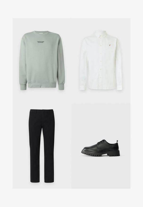 Licht salie groene crewneck sweatshirt met lange mouwen en zwarte tekst "Crafted Goods - Pier One Denim" gecentreerd op de borst.; Witte lange-mouwen overhemd met knopen, gemaakt van katoen, met een button-down kraag en een klein oranje embleem op de borst.; Zwarte chino's met een rechte pijp, gemaakt van een gladde katoenmix, voorzien van riemlussen en een knoopsluiting aan de voorkant.; Zwarte leren veterschoenen met een ronde neus, een gestructureerd oppervlak en een chunky rubberen zool met diepe profielen voor grip.