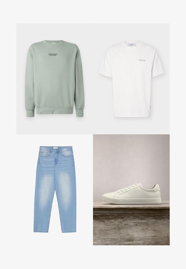 Svetlá šalviová mikina s dlhými rukávmi a čiernym textom "Crafted Goods - Pier One Denim" umiestneným na hrudi.; Biele tričko s krátkym rukávom a okrúhlym výstrihom, s malým zeleným nápisom "JUICE IT UP Marc O'Polo Denim" na ľavej strane hrudníka.; Svetlomodré džíny s voľným strihom, obsahujúce päť vreciek, jemné vyblednutie a prešitie pozdĺž švov.; Biele šnurovacie tenisky sa vznášajú nad drevenou lavicou so zeleným porastom v pozadí, predvádzajúc design a textúru topánok.