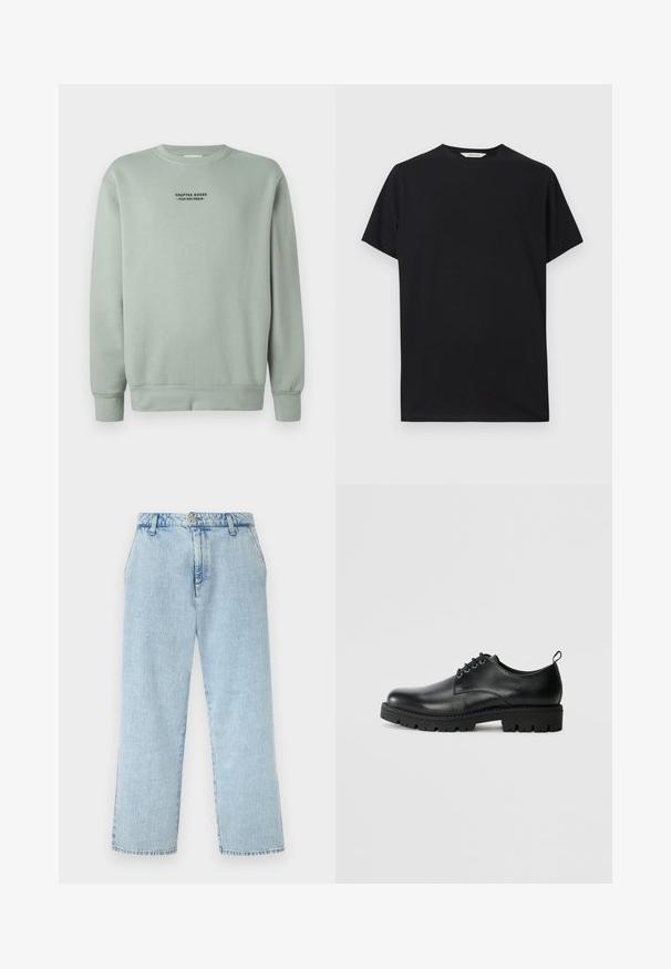 Helle Salbeigrüne Crewneck-Sweatshirt mit langen Ärmeln und schwarzem Text "Crafted Goods - Pier One Denim", der auf der Brust zentriert ist.; Schwarzes T-Shirt mit kurzen Ärmeln aus weichem Baumwollstoff. Rundhalsausschnitt mit lockerer Passform, das saubere, einfache Linien aufweist und keine sichtbaren Muster hat.; Hellblaue, hoch taillierte Jeans mit geradem Bein, vorderen Taschen, Gürtelschlaufen, Knopf- und Reißverschlussschließung.; Schwarze Lederschuhe mit runder Zehenform, ausgestattet mit einer Schnürung, robustem schwarzen Gummisohle und einer kleinen Fersenschlaufe auf der Rückseite.
