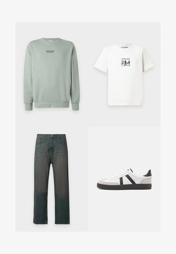 Svetlá šalviová mikina s dlhými rukávmi a čiernym textom "Crafted Goods - Pier One Denim" umiestneným na hrudi.; Biela tričko s krátkym rukávom s malou grafikou piatich členov posádky Pan Am, ktorí idú, a s logom Pan Am v modrej farbe.; Tmavozelené rifle z denimu so strihanými nohavicami rovného strihu, vybavené klasickým päťvreckovým dizajnom a kontrastným prešívaním pozdĺž švov.; Biele tenisky s čiernymi a šedými akcentmi, s textúrovanou šedou špičkou, čiernou gumovou podrážkou a plochými bielymi šnúrkami. Čistý dizajn, minimalistický štýl.