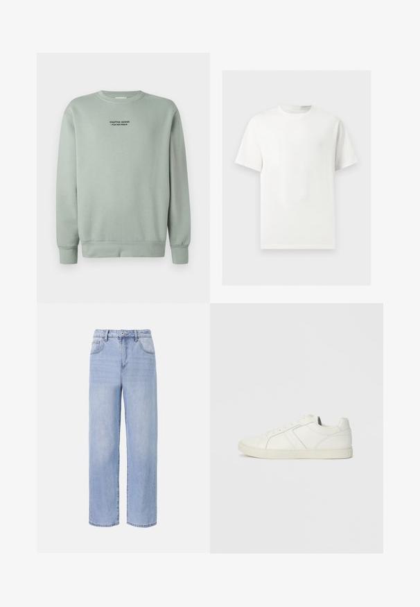 Licht salie groene crewneck sweatshirt met lange mouwen en zwarte tekst "Crafted Goods - Pier One Denim" gecentreerd op de borst.; Effen wit T-shirt met korte mouwen en ronde hals, weergegeven op een lichtgrijze achtergrond.; Lichtblauwe denim jeans met een ontspannen, wijde pasvorm. Kenmerken zijn onder andere vijf zakken, een sluiting met een knoop aan de voorkant en subtiele vervaging.; Laag uitgesneden witte leren sneaker met vetersluiting en platte rubberen zool, gezien van de binnenkant op een effen achtergrond.