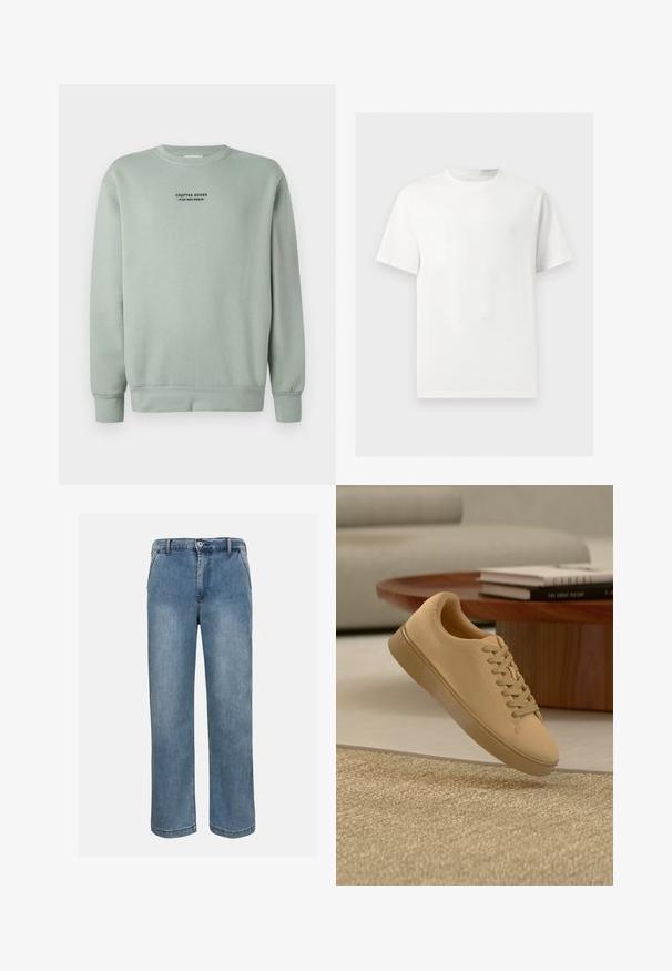 Licht salie groene crewneck sweatshirt met lange mouwen en zwarte tekst "Crafted Goods - Pier One Denim" gecentreerd op de borst.; Effen wit T-shirt met korte mouwen en ronde hals, weergegeven op een lichtgrijze achtergrond.; Blauwe rechte spijkerbroek met knopen aan de voorkant, ritssluiting en riemlussen op een neutrale achtergrond.; Beige vetersneaker die boven een gestructureerd tapijt zweeft, met een houten salontafel en gestapelde boeken op een wazige achtergrond.