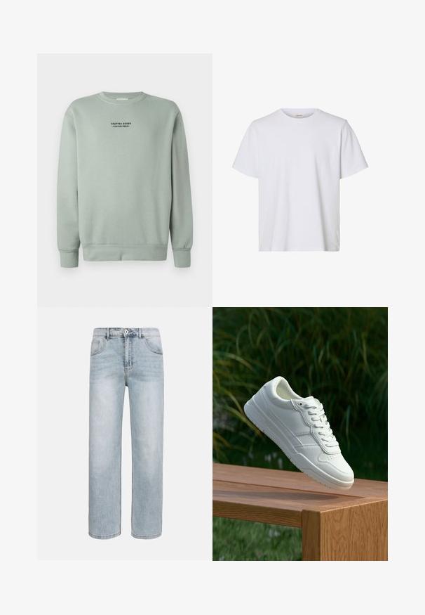 Sweatshirt à col rond de couleur vert sauge clair avec des manches longues et du texte noir "Crafted Goods - Pier One Denim" centré sur la poitrine.; T-shirt blanc uni à manches courtes, col rond, coupe régulière et texture de tissu lisse, présenté sur fond blanc.; Jean bleu clair à jambes droites avec poches avant, fermeture par bouton et légère décoloration sur les cuisses et les genoux.; Baskets en cuir blanc avec une texture lisse, présentant un design perforé, un laçage classique et une semelle en caoutchouc, positionnées au-dessus d'une surface en bois.