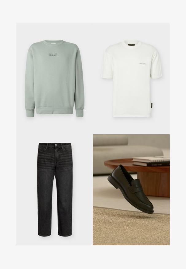 Licht salie groene crewneck sweatshirt met lange mouwen en zwarte tekst "Crafted Goods - Pier One Denim" gecentreerd op de borst.; Witte T-shirt met korte mouwen en ronde hals, met kleine "Marc O'Polo" tekst op de borst en een stoffen label aan de linkerzijnaad.; Zwarte denim jeans met een rechte snit, met een middelhoog taille, vijf zakken en metalen knoopsluiting. Soepele textuur met subtiele vervaging.; Zwarte leren loafer schoen getoond in de lucht boven een beige geweven tapijt, met een houten tafel en gestapelde boeken in een zacht verlichte woonkamer.