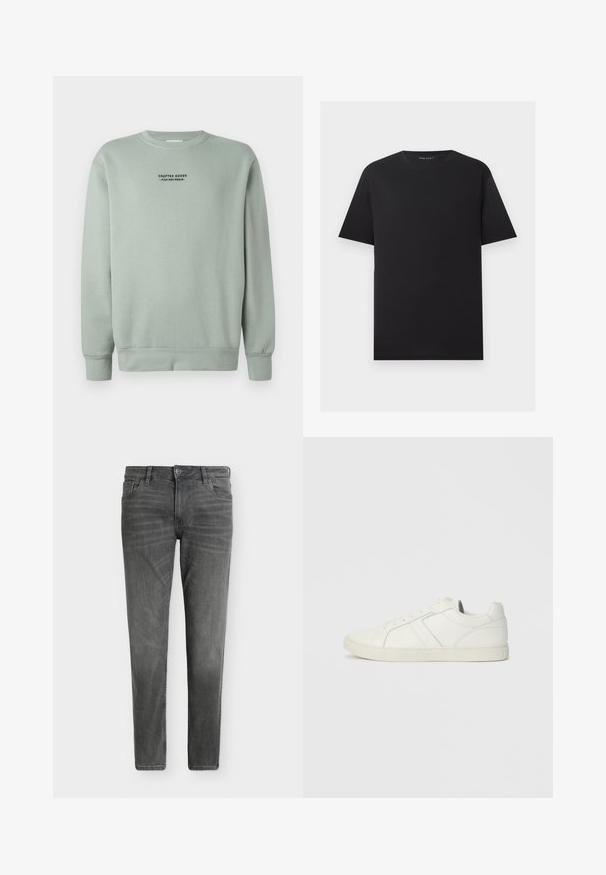Kerge salvei rohelise värvi ümarkaelusega sviiter, millel on pikad varrukad ja must tekst "Crafted Goods - Pier One Denim", mis on paigutatud rindkere keskossa.; Must lühikeste varrukatega ümara kaelusega T-särk ilma mustrita, esitatud lamedalt heleda halli tausta peal.; Hallitavalt hallid teksapüksid tumedate õmblustega, esikinnitusega nööpide ja lukuga, vöökohtadega ja viie taskuga, valgel taustal.; Madala läädiga valge nahk tennisjalats, millel on paelad ja tasane kummitald, vaadatuna seestpoolt ühetaolisel taustal.