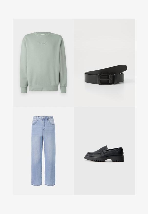 Licht salie groene crewneck sweatshirt met lange mouwen en zwarte tekst "Crafted Goods - Pier One Denim" gecentreerd op de borst.; Lichtblauwe denim jeans met een ontspannen, wijde pasvorm. Kenmerken zijn onder andere vijf zakken, een sluiting met een knoop aan de voorkant en subtiele vervaging.; Zwarte leren instappers met een ronde neus, voorzien van een decoratieve riem en een stevige rubberen zool met diepe groeven voor grip.; Zwarte leren riem met een matte zwarte metalen gesp, met een gladde textuur en eenvoudig ontwerp. Verstelbare lengte met een taps toelopend uiteinde.