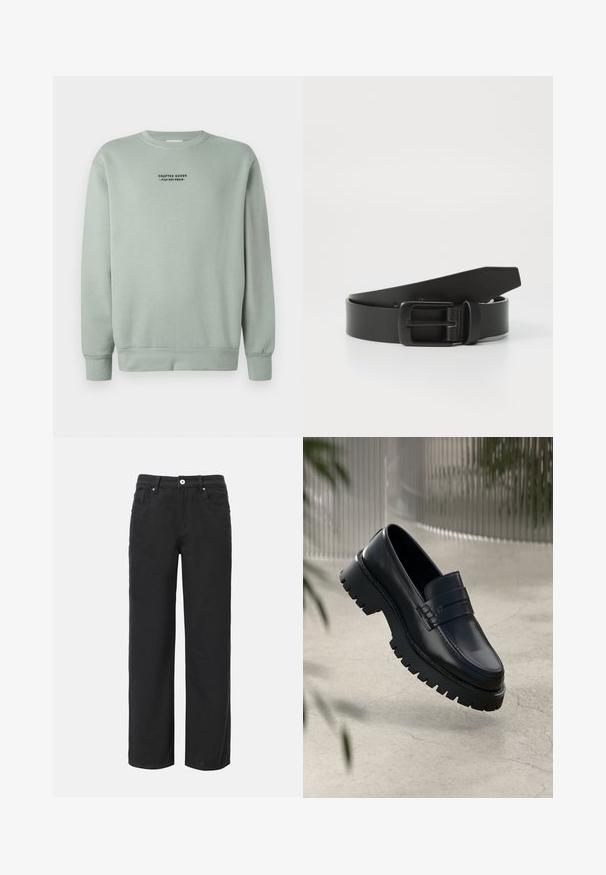 Licht salie groene crewneck sweatshirt met lange mouwen en zwarte tekst "Crafted Goods - Pier One Denim" gecentreerd op de borst.; Zwarte wijde broek van katoen met vier zakken, sluiting met een knoop aan de voorkant en een klassiek denim ontwerp. Soepele textuur, geen zichtbare patronen.; Zwarte leren instappers met een chunky loopzool, voorzien van een decoratieve band en stikseldetails. Gladde textuur met een gepolijste afwerking.; Zwarte leren riem met een matte zwarte metalen gesp, met een gladde textuur en eenvoudig ontwerp. Verstelbare lengte met een taps toelopend uiteinde.