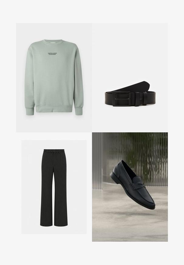 Kerge salvei rohelise värvi ümarkaelusega sviiter, millel on pikad varrukad ja must tekst "Crafted Goods - Pier One Denim", mis on paigutatud rindkere keskossa.; Mustad laia lahkega jalaga püksid valgete vertikaalsete peente triipudega, nööp ja vööaasad vöökohal.; Mustast nahast jalanõu, sileda viimistlusega, terava ninaga ja vändas nähtava õmblusega. Madal konts ja minimalistlik disain.; Musta naha vöö, millel on mattmust ristkülikukujuline metallklipp ja kaks vöökonksu valgel taustal.