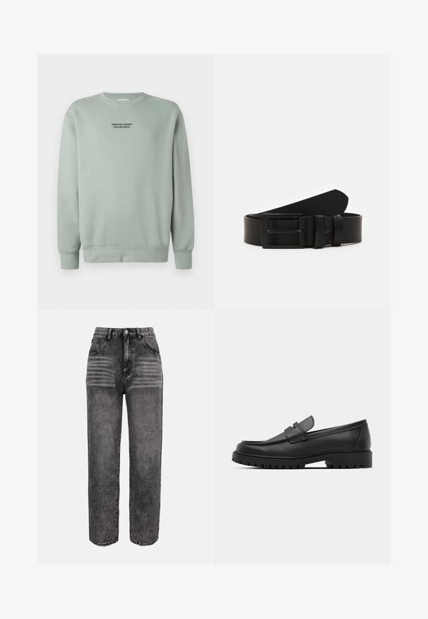 Licht salie groene crewneck sweatshirt met lange mouwen en zwarte tekst "Crafted Goods - Pier One Denim" gecentreerd op de borst.; Hoge taille, recht gesneden jeans van vervaagd zwart denim, met voorzakken, vervaagde details en verstevigde stiksels langs de naden.; Zwarte leren instappers met een ronde neus, voorzien van een gestikt ontwerp, een lage platformzool en een gestructureerde, grof rubberen buitenzool.; Zwarte leren riem gerold met een matte zwarte rechthoekige metalen gesp en twee riemlussen op een witte achtergrond.