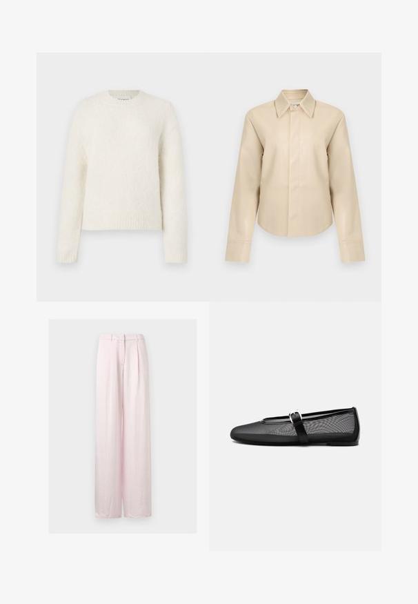Pull blanc à manches longues avec une texture douce et duveteuse, col rond et poignets et ourlet côtelés. Design simple et épuré.; Chemise à manches longues en simili cuir beige avec col pointu et fermeture boutonnée dissimulée à l'avant.; Pantalon large taille haute rose pâle avec plis devant, passants pour ceinture et fermeture dissimulée par bouton et zip.; Ballerine noire en mesh avec bout rond et bride Mary Jane réglable avec boucle argentée, sur un fond gris clair uni.