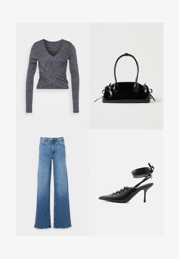Haut en tricot à manches longues de couleur gris foncé, présentant un décolleté en V et un design croisé, avec un motif texturé et une silhouette ajustée.; Jean en denim bleu taille haute avec jambes larges, fermeture devant par bouton et zip, et style cinq poches sur fond uni.; Chaussure à talon haut noire à bout pointu avec laçage à l'avant et brides enroulées autour de la cheville nouées en nœud, vue de côté sur fond blanc.; Petit sac à main noir brillant avec deux longues anses et des détails à cordon sur les côtés sur un fond clair uni.