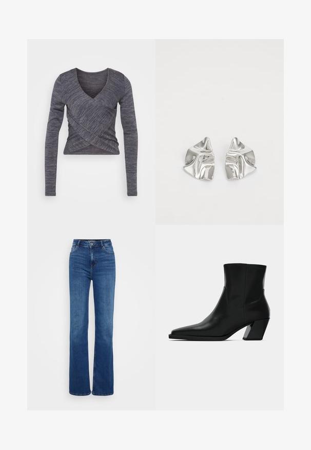 Haut en tricot à manches longues de couleur gris foncé, présentant un décolleté en V et un design croisé, avec un motif texturé et une silhouette ajustée.; Jeans évasés taille haute en denim bleu foncé. Comprend cinq poches, des coutures discrètes et un bouton de fermeture. Texture lisse avec une coupe classique.; Bottine en cuir noir avec un bout pointu, une silhouette élégante et un talon carré massif. Texture lisse avec des détails de couture minimalistes.; Boucles d'oreilles en métal argenté avec un design ondulé et sculptural, présentant une finition polie et des formes irrégulières, mettant en valeur une esthétique contemporaine.