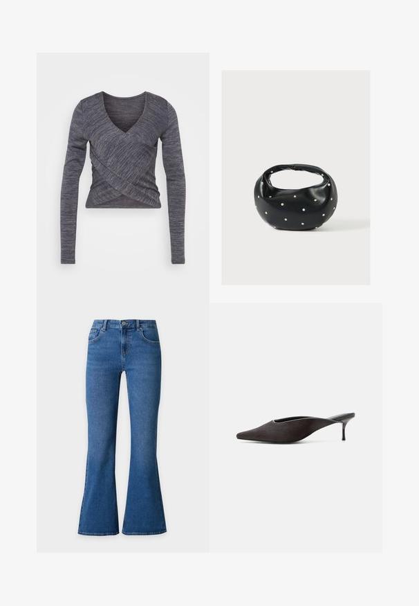Haut en tricot à manches longues de couleur gris foncé, présentant un décolleté en V et un design croisé, avec un motif texturé et une silhouette ajustée.; Jean en denim bleu à taille haute et jambes évasées, avec poches avant et fermeture à boutons.; Mule noire à bout pointu, talon stiletto bas et finition lisse et élégante, vue de profil sur fond blanc.; Sac à main en cuir noir de forme arrondie, décoré de clous argentés et équipé d'une poignée courte. Texture lisse et fermeture éclair.