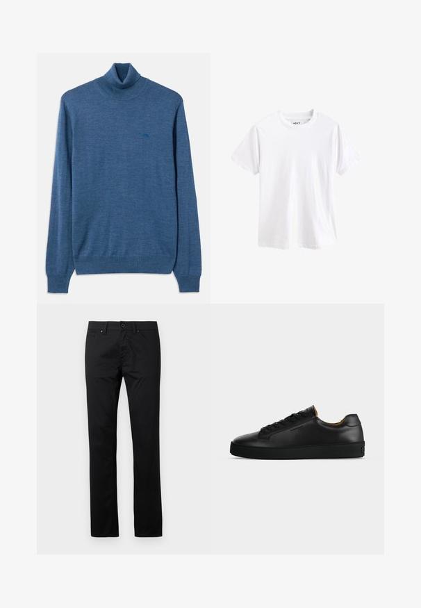 Blauer Rollkragensweater aus weichem Material. Mit gerippten Bündchen und Saum, sowie einem kleinen Logo in einem dunkleren Blauton auf der Brust.; Schlichtes weißes T-Shirt mit kurzen Ärmeln und Rundhalsausschnitt mit sichtbarem Markenlabel innen im Kragen.; Schwarze gerade geschnittene Hose mit Knopfverschluss, Gürtelschlaufen, Eingrifftaschen und einer sauberen, glatten Stoffoberfläche.; Schwarzer flacher Ledersneaker mit schwarzen Schnürsenkeln, strukturierter Gummisohle und kleinem eingeprägtem Logo an der Seite, im Profil vor grauem Hintergrund gezeigt.