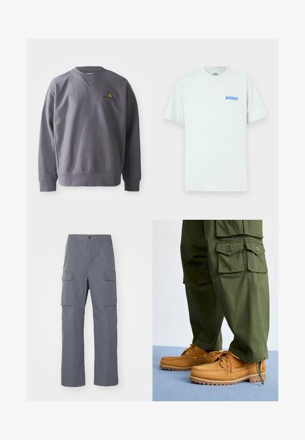Sweatshirt gris avec un col rond, des poignets et un ourlet côtelés. Présente un logo brodé jaune et rouge sur la poitrine. Fabriqué en tissu doux.; T-shirt gris à manches courtes en matériau mélangé coton, avec texte bleu "DICKIES" sur la poitrine gauche. Design classique à col rond.; Pantalons cargo gris en tissu résistant. Les caractéristiques incluent une taille élastique, deux grandes poches latérales et une coupe droite.; Timberland AUTHENTIC 3 EYE - Chaussures bateau - wheat