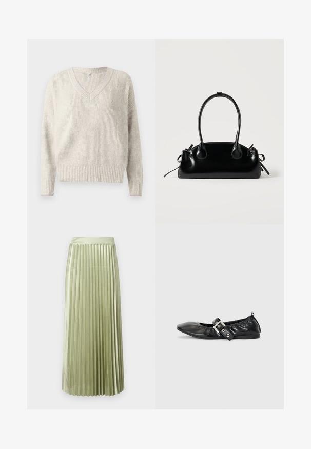 Pull en maille gris clair avec un décolleté en V, texture côtelée et accent rose au niveau du col et des poignets. Convient pour une tenue décontractée.; Jupe midi plissée en satin vert clair avec une texture lisse. Taille ajustée, longueur mi-mollet, avec des plis verticaux réguliers sur toute la surface.; Chaussure plate en cuir noir avec un nez pointu, des détails froncés autour de l'ouverture et un accent en boucle argentée sur la bride ajustable.; Petit sac à main noir brillant avec deux longues anses et des détails à cordon sur les côtés sur un fond clair uni.