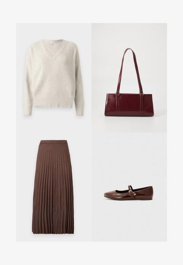 Suéter de punto gris claro con cuello en V, textura acanalada y detalles en rosa en el cuello y las muñecas. Adecuado para el uso informal.; Falda midi marrón con pliegues, hecha de una tela texturizada, que presenta una cinturilla ajustada y pliegues verticales que se extienden desde la cintura hasta el dobladillo.; Bailarina de charol marrón con punta cuadrada y tira que presenta una pequeña hebilla dorada. Textura suave, tacón bajo y diseño minimalista.; Bolso burdeos hecho de material brillante, de forma rectangular, con dos asas para el hombro y sutiles acentos curvados en la parte frontal.