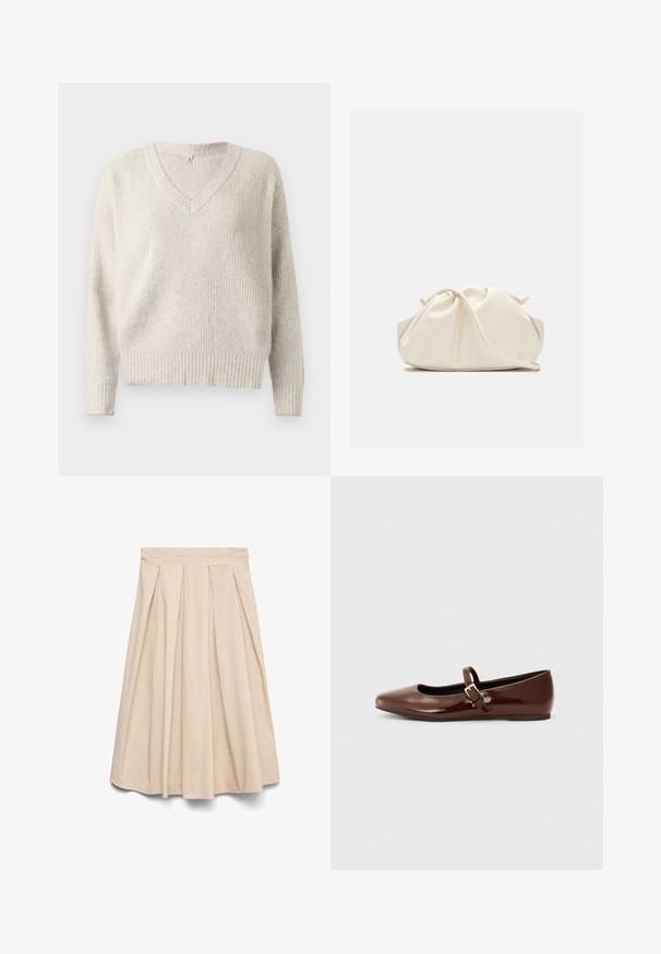 Pull en maille gris clair avec un décolleté en V, texture côtelée et accent rose au niveau du col et des poignets. Convient pour une tenue décontractée.; Jupe midi beige avec taille haute et plis devant, silhouette évasée et tissu lisse.; Ballerine en cuir verni marron avec un bout carré et une lanière ornée d'une petite boucle dorée. Texture lisse, talon bas et design minimaliste.; Pochette en cuir souple couleur crème avec un design froncé et une fine bandoulière reposant à l’avant sur un fond uni.
