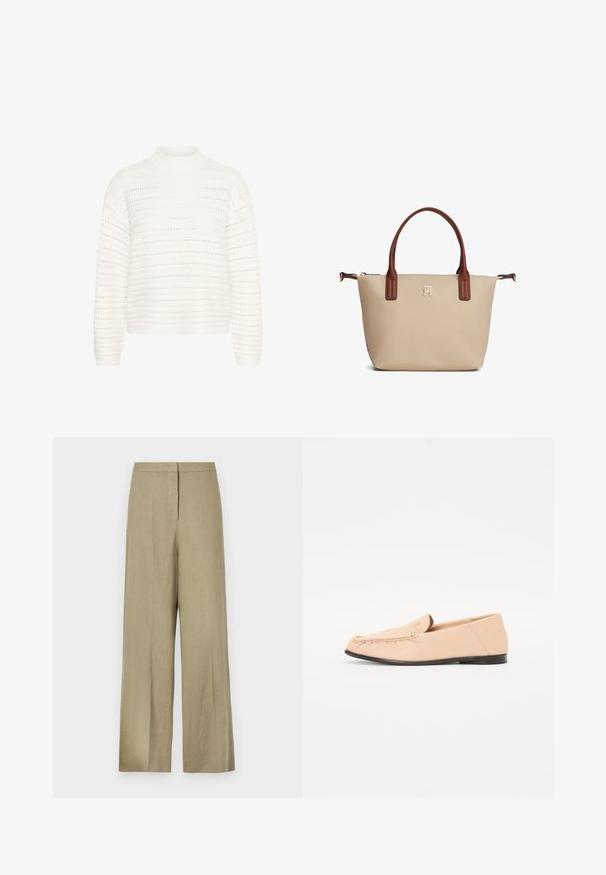 Kaffe KADOLLY - Pullover - chalk; Pantalons larges de couleur vert clair en lin. Présentent une taille haute et un design front propre avec un seul pli.; Mocassins en cuir beige avec des détails brodés, une semelle noire plate et un bout arrondi. Design minimaliste sans quincaillerie ou accents visibles.; Sac fourre-tout beige avec poignées marron, petit logo doré centré sous les poignées, et fermeture éclair en haut.