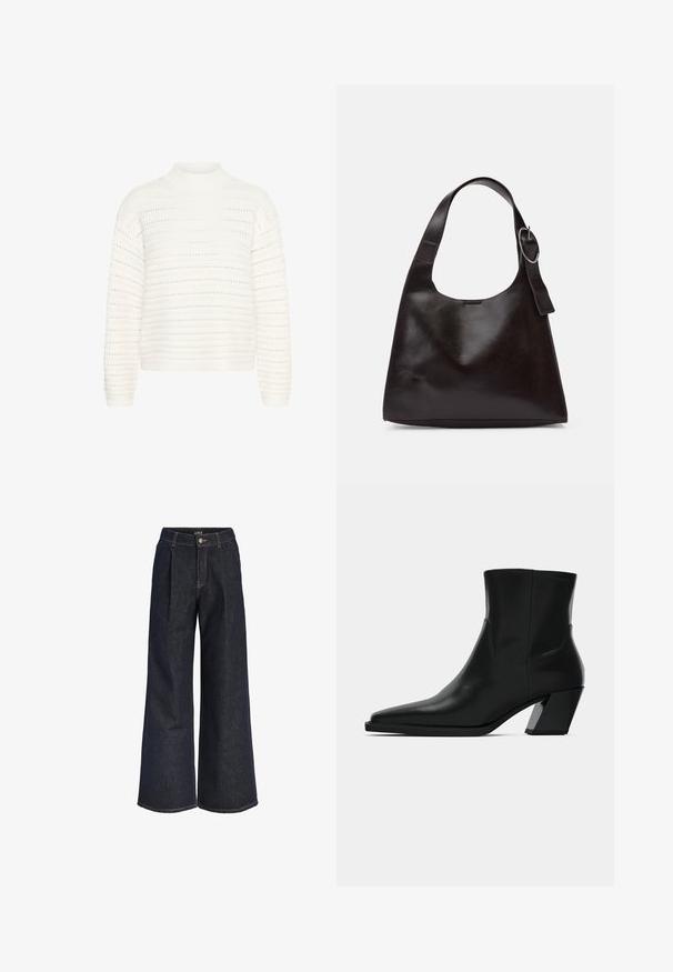 Kaffe KADOLLY - Pullover - chalk; Jean en denim bleu foncé à jambes larges avec plis, fermeture par bouton et passants de ceinture, présenté sur un fond blanc.; Bottine en cuir noir avec un bout pointu, une silhouette élégante et un talon carré massif. Texture lisse avec des détails de couture minimalistes.; Sac en cuir marron porté épaule avec une texture lisse, une forme arrondie, une large sangle et un accent métallique circulaire sur la poignée.