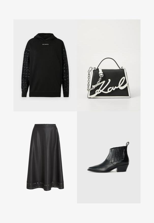 Zwarte hoodie met gestructureerde zwart-wit geruite mouwen en "KARL LAGERFELD"-logo in het midden van de borst, geribde zoom en manchetten.; Zwarte leren rok met een aansluitende taille en een uitlopende onderrand. Kenmerkt zich door zilveren studs langs de onderrand en een discreet rits sluiting.; Zwarte leren enkellaars met een spitse neus, gequilt paneel aan de zijkant en een lage blokhak. Subtiele branding aan de zijkant.; Zwarte leren handtas met witte accenten. Beschikt over een kettingriem, gestructureerde vorm en een opvallend wit logo-detail. Glad textuur.