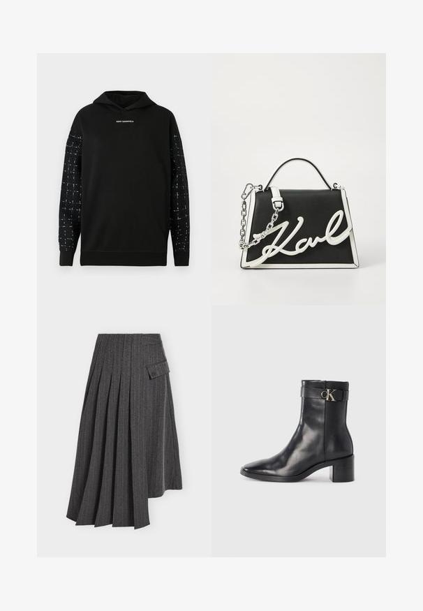 Schwarzer Hoodie mit strukturierten schwarz-weißen karierte Ärmeln und zentral auf der Brust platziertem "KARL LAGERFELD"-Logo, mit geripptem Saum und Bündchen.; Dunkelgrauer plissierter Rock mit vertikalen Nadelstreifen und einem asymmetrischen Saum mit einer kleinen Tasche mit Klappe auf einer Seite.; Schwarze Leder-Ankle Boots mit spitzem Zehenbereich, Blockabsatz und einem Riemen mit einem metallischen Logodetail. Glatte Textur und minimales Design.; Schwarze Ledertasche mit weißen Akzenten. Verfügt über einen Kettenriemen, eine strukturierte Form und ein auffälliges weißes Logo-Detail. Glatte Textur.