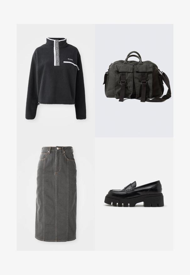 Sort fleece pullover med halv lynlås krave, der har en brystlomme og kontrasterende hvide og grå detaljer. Blød tekstur, cropped design.; Grå denim midi-nederdel med lige skæring, fem lommer og orange syninger langs sømmene. Har foran knaplukning og bælteløkker.; Sorte læder loafers med en chunky, tekstureret platformssål og en dekorativ rem over toppen. Glat, blank finish.; Mørkegrøn lærredstaske med to forlommer med klapper foran, sort justerbar skulderrem og robuste top-håndtag mod ensfarvet baggrund.