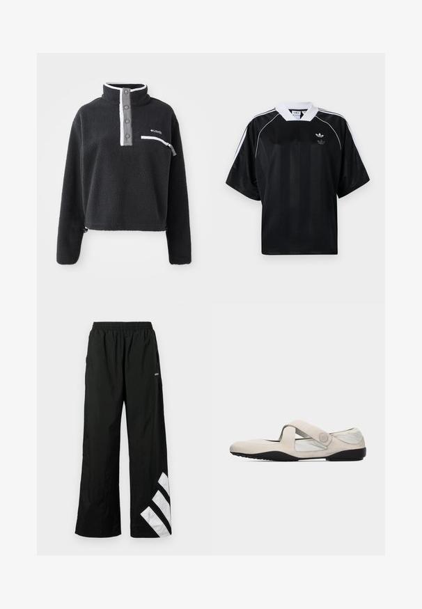 Sort fleece pullover med halv lynlås krave, der har en brystlomme og kontrasterende hvide og grå detaljer. Blød tekstur, cropped design.; Sort atletisk trøje med korte ærmer, hvide detaljer og V-udskæring. Har lodrette striber og et lille logo på brystet.; Sorte vidde bukser i let materiale med elastik i taljen og et hvidt diagonalt stribedesign på venstre ben.; Beige Mary Jane-sko med krydsrem, sort sål og blødt stofoverdel, designet til afslappet komfort og hverdagstrim.