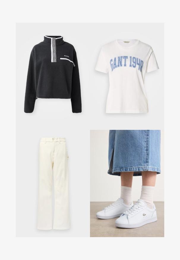 Sort fleece pullover med halv lynlås krave, der har en brystlomme og kontrasterende hvide og grå detaljer. Blød tekstur, cropped design.; Hvid bomulds-T-shirt med rund hals og stort blåt tryk med teksten "GANT 1949" i fede bogstaver tværs over brystet.; Good American GOOD 90S CARPENTER - Wide leg - white denim; Hvide lædersneakers med en glat overflade, der har et guld "Lacoste" logo og subtile perforeringer, sammensat med lyse sokker og en denimnederdel.