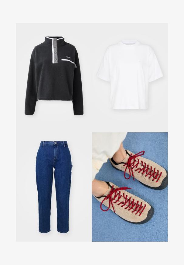Sort fleece pullover med halv lynlås krave, der har en brystlomme og kontrasterende hvide og grå detaljer. Blød tekstur, cropped design.; Hvid bomulds t-shirt med rund hals, korte ærmer og en afslappet pasform. Har et diskret logo på venstre brystområde. Glat tekstur.; Mørkeblå denim jeans med høj talje, lige ben, frontknaplukning og sidelommer. Glat tekstur med en let stræk.; Beige sko med røde snørebånd, placeret på en blå tekstureret overflade, delvist synliggørende en persons ankel. Skoene har et sporty design.