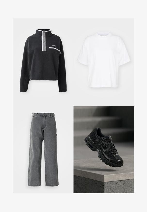 Sort fleece pullover med halv lynlås krave, der har en brystlomme og kontrasterende hvide og grå detaljer. Blød tekstur, cropped design.; Hvid bomulds t-shirt med rund hals, korte ærmer og en afslappet pasform. Har et diskret logo på venstre brystområde. Glat tekstur.; Grå bredbenede cargo bukser lavet af denim, med sidelommer, knaplukning og en lige pasform. Stoffet har en blød tekstur.; Sort Nike løbesko med mesh og syntetisk overdel, der svæver over en betonoverflade og trin i baggrunden.