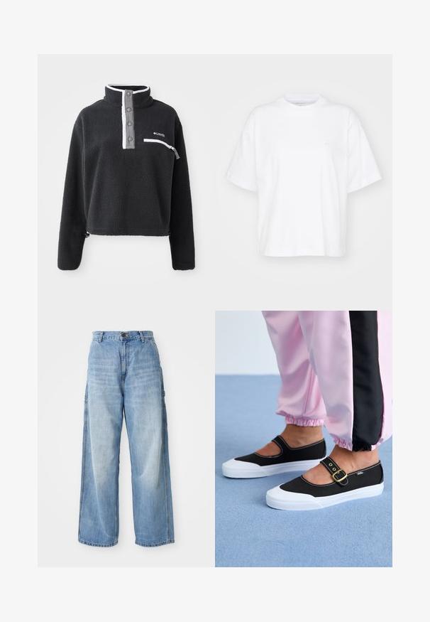 Sort fleece pullover med halv lynlås krave, der har en brystlomme og kontrasterende hvide og grå detaljer. Blød tekstur, cropped design.; Hvid bomulds t-shirt med rund hals, korte ærmer og en afslappet pasform. Har et diskret logo på venstre brystområde. Glat tekstur.; Lysblå vidde jeans med høj talje, der har sidelommer og en falmet struktur, lavet af denim materiale.; Sorte lærredssko med en hvid sål, der har et udskæringsdesign og et guldspænde. Bæret med lyserøde træningsbukser.