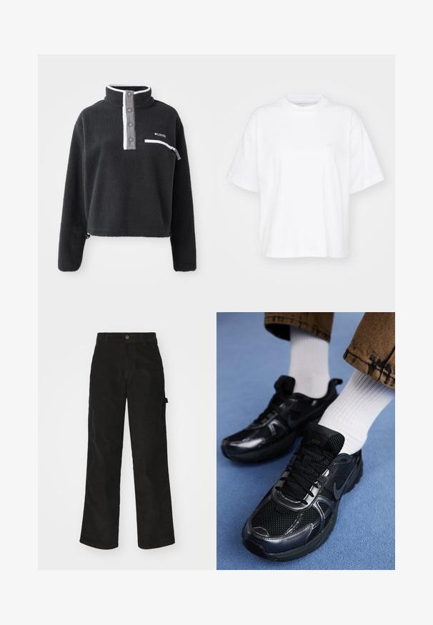 Sort fleece pullover med halv lynlås krave, der har en brystlomme og kontrasterende hvide og grå detaljer. Blød tekstur, cropped design.; Hvid bomulds t-shirt med rund hals, korte ærmer og en afslappet pasform. Har et diskret logo på venstre brystområde. Glat tekstur.; Sorte kordfløjsbukser med et lige ben-design, der har en knaplukning og sidelommer. Glat tekstur med fine lodrette striber.; Sorte Nike-sneakers med mesh og syntetisk materiale, der har en struktureret overdel, sorte snørebånd og holdbare gummisåler. Hvide ribstrikkede sokker er synlige.