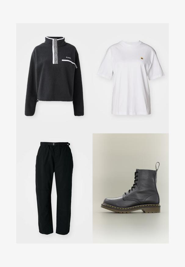 Sudadera de forro polar negra con cuello de media cremallera, que presenta un bolsillo en el pecho y acentos en blanco y gris contrastantes. Textura suave, diseño recortado.; Camisa de algodón blanca con corte relajado, mangas cortas y un pequeño logotipo bordado en el área del pecho izquierdo.; Pantalones ligeros negros con cinturilla elástica y cinturón ajustable. Cuentan con piernas estrechas y paneles de rodilla reforzados para mayor durabilidad.; Bota de combate de cuero negro con 8 ojales, suela de goma, costuras amarillas y una lengüeta en la parte trasera. Presenta una parte superior texturizada.