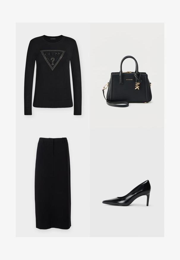 Pull noir à manches longues avec poignets et bas côtelés, présentant un logo triangulaire clouté Guess USA avec un point d'interrogation au centre.; Jupe crayon noire, longueur genoux, en tissu lisse avec une taille cintrée, présentant de subtils plis avant et sans fermetures visibles.; Chaussure à talon haut en cuir noir avec un bout pointu, texture lisse et un talon effilé. Design minimaliste, sans embellissements supplémentaires.; Sac à main en cuir noir avec ferrures dorées ; design structuré, poignées courtes, bandoulière amovible, détail de logo embossé.