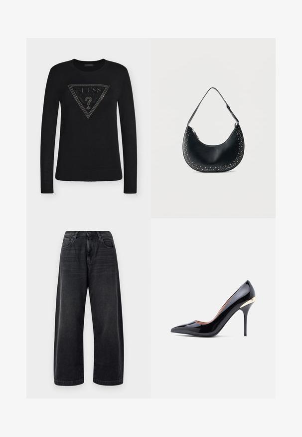 Pull noir à manches longues avec poignets et bas côtelés, présentant un logo triangulaire clouté Guess USA avec un point d'interrogation au centre.; Jean noir à jambes larges en denim, présentant un design classique à cinq poches, un léger délavage et une fermeture à bouton à la taille.; Chaussure à talon haut en cuir verni noir avec un bout pointu et un accent doré au talon. Texture lisse et silhouette élégante.; Sac bandoulière croissant en cuir noir avec des clous argentés le long des bords et une sangle ajustable sur fond blanc.