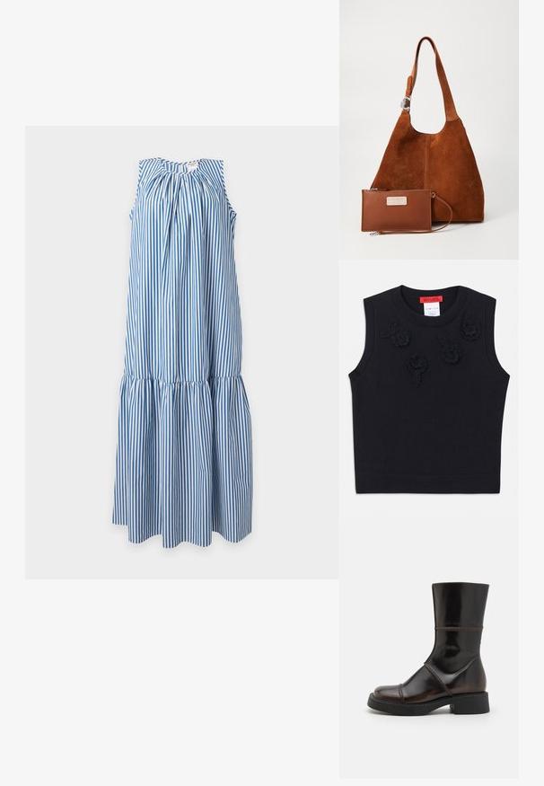 Sort ærmeløs sweater med ribbet halsudskæring og kant. Har teksturerede blomsterapplikationer på fronten. Blødt strikket materiale.; Ærmeløs midi-kjole med blå og hvide lodrette striber, rynket halsudskæring og lagdelt nederdel på ensfarvet baggrund.; MIISTA DAHLIA - Plateaustøvler - brown; Brun suedetote med en glat læderpung. Har en rund form, strop med en metalaccent og teksturerede overflader.