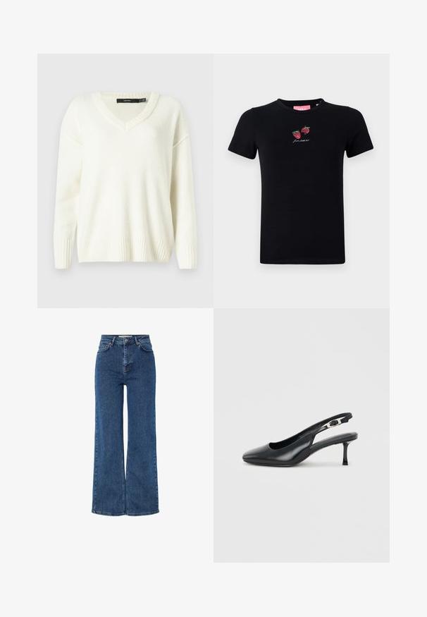 Pull blanc à col en V avec des poignets et un ourlet côtelés. Texture douce, coupe ample et fentes sur les côtés. Étiquette visible au niveau du col.; T-shirt en coton noir avec des manches courtes, un col rond et des fraises brodées avec le texte "Let's chill out" en blanc.; Jean en denim bleu taille haute avec jambes larges, comprenant un design traditionnel à cinq poches, une fermeture à bouton en métal et des coutures contrastées.; Chaussure slingback noire en cuir à bout pointu avec un petit talon aiguille bas et une bride réglable à boucle sur un fond clair uni.