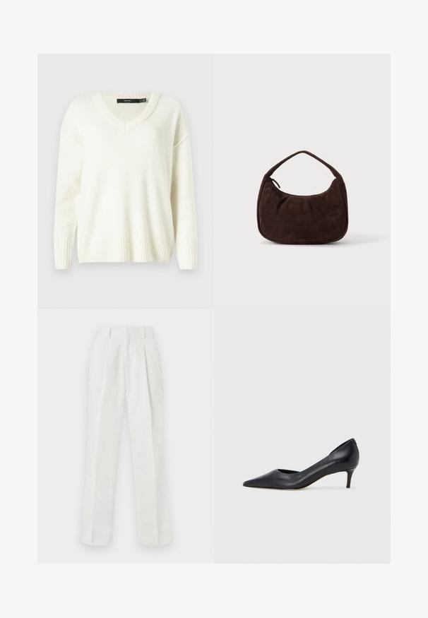 Pull blanc à col en V avec des poignets et un ourlet côtelés. Texture douce, coupe ample et fentes sur les côtés. Étiquette visible au niveau du col.; Pantalons blancs taille haute en tissu lisse, à jambe droite, avec un devant plissé et des poches latérales.; Escarpin en cuir noir avec un bout pointu et un talon bas. Présente une texture lisse et un éclat subtil. Découpe ouverte à l'avant pour un détail supplémentaire.; Sac à main en daim marron foncé avec une courte sangle et une forme rectangulaire arrondie sur un fond uni clair.