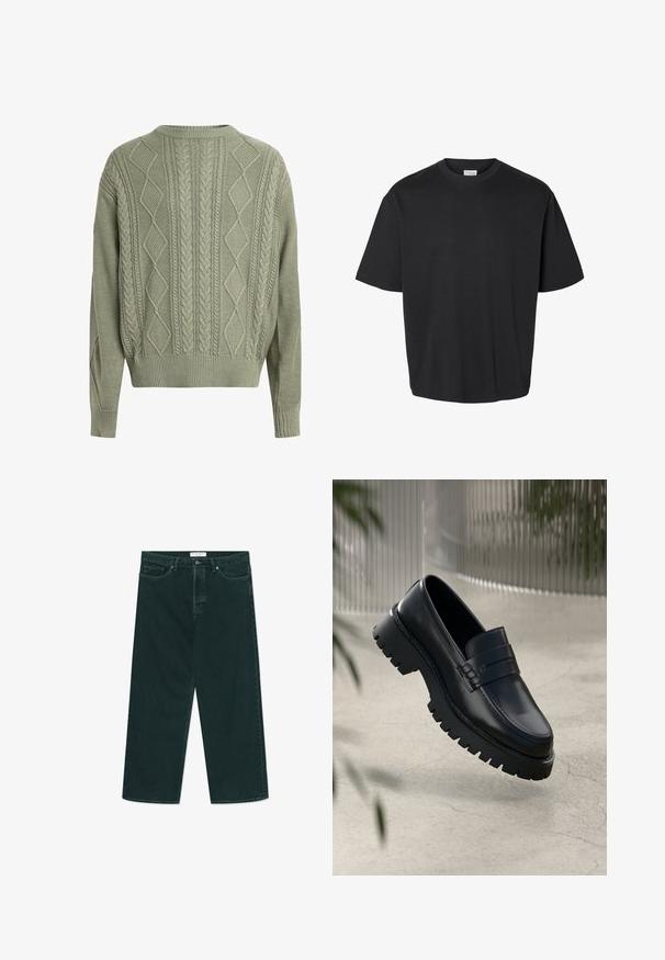Grøn kabelstrik sweater med diamant- og fletmønstre, rund halsudskæring samt ribbede manchetter og kant, lavet af et tekstureret strikmateriale.; Sort t-shirt med korte ærmer og rund hals med en afslappet pasform og en synlig hvid label inden i kraven.; Mørkegrønne vidde denimjeans med knap- og lynlås lukning, forlommer og bæltestropper, liggende fladt på en hvid baggrund.; Sorte læder loafers med en chunky sål, der har en dekorativ rem og syninger. Glat tekstur med en poleret overflade.