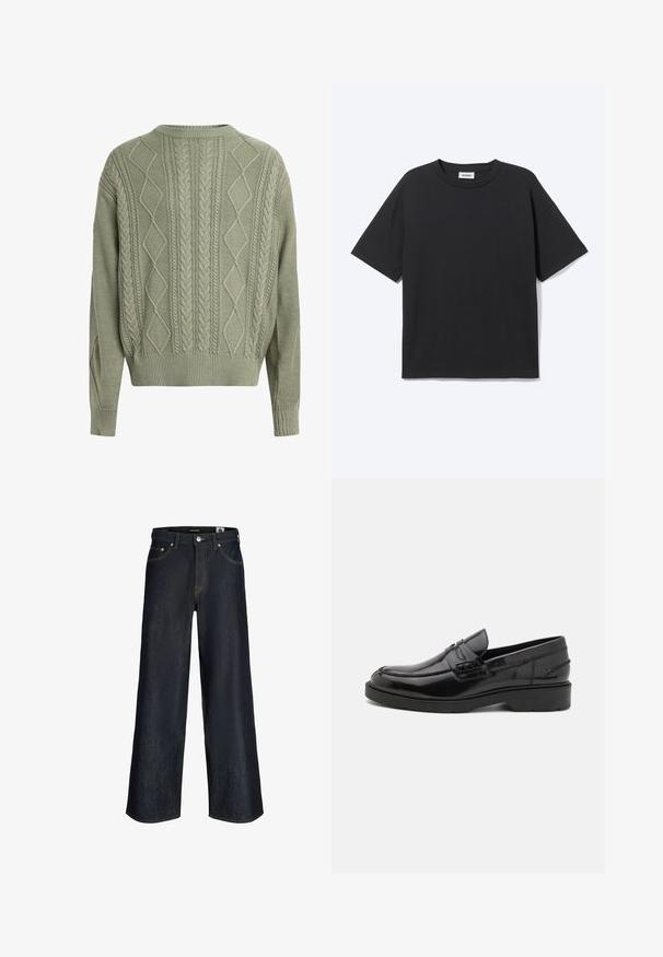 Pull vert en tricot torsadé avec des motifs en losange et torsadés, col rond et poignets et ourlet côtelés, fabriqué à partir d'un matériau en tricot texturé.; T-shirt noir à manches courtes avec col rond, coupe décontractée, vue de face, design uni et étiquette de la marque Weekday visible à l’intérieur du col.; Jean en denim bleu foncé à jambes larges avec bouton à l'avant, poches et coutures orange visibles sur fond blanc.; Mocassins en cuir noir avec une finition lisse, un bout rond, un petit talon et descoutures décoratives à l'avant. Semelle en caoutchouc pour l'adhérence.