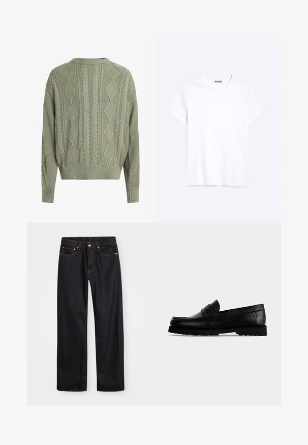 Grøn kabelstrik sweater med diamant- og fletmønstre, rund halsudskæring samt ribbede manchetter og kant, lavet af et tekstureret strikmateriale.; Enkelt hvid T-shirt med korte ærmer og rund hals med synligt WEEKDAY-mærke i kraven, vist på en lys baggrund.; Mænds lige ben sorte denim jeans med fem lommer og orange syninger, knap- og lynlåslukning foran på taljen.; Sort læder penny loafer sko med tekstureret overdel og tyk rillesål, vist i sideprofil på ensartet lys baggrund.