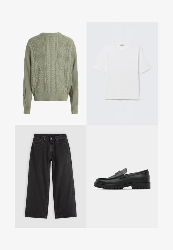 Pull vert en tricot torsadé avec des motifs en losange et torsadés, col rond et poignets et ourlet côtelés, fabriqué à partir d'un matériau en tricot texturé.; T-shirt blanc uni à manches courtes et col rond, avec une petite étiquette "WEEKDAY" à l'intérieur du col arrière, présenté à plat.; Jean en denim noir à jambes larges avec poches avant, passants pour ceinture et fermeture par boutons, présenté sur un fond clair uni.; Mocassins en cuir noir à bout arrondi, avec un design cousu, une semelle plateforme basse et une semelle en caoutchouc texturée et crantée.