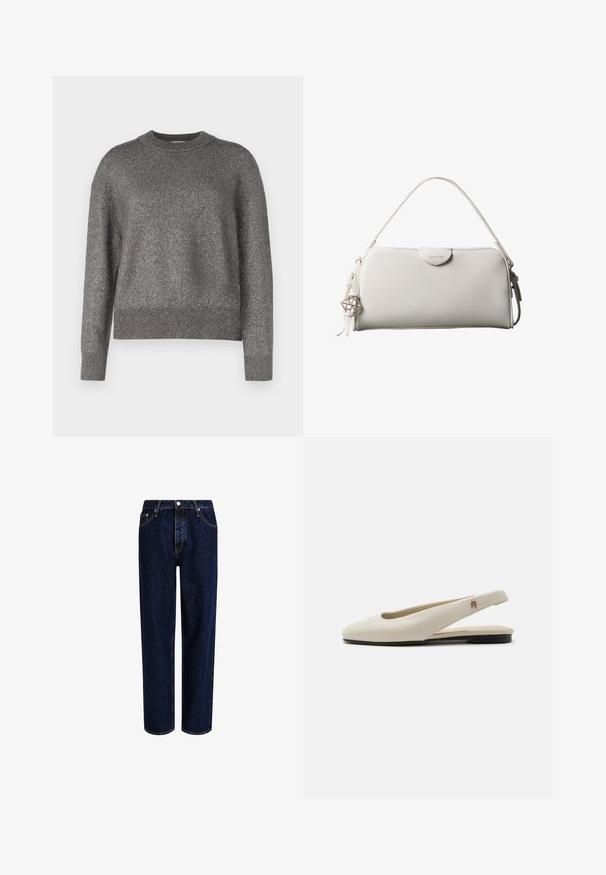 Grå sweater med en refleksiv strikket tekstur, rund halsudskæring, og ribbede manchetter og kant; let løs pasform og lange ærmer.; Mørkeblå denim jeans med lige ben-design, der har høj talje, fem-lomme-stil og kontrastsyninger. Ingen dekorationer.; Flatsko i cremefarvet læder med rundet tå og lille guldemblem på remmen.; Hvid rektangulær Calvin Klein håndtaske med enkelt håndtag, minimalistisk design og dekorative kvaster med geometrisk metalvedhæng på siden.