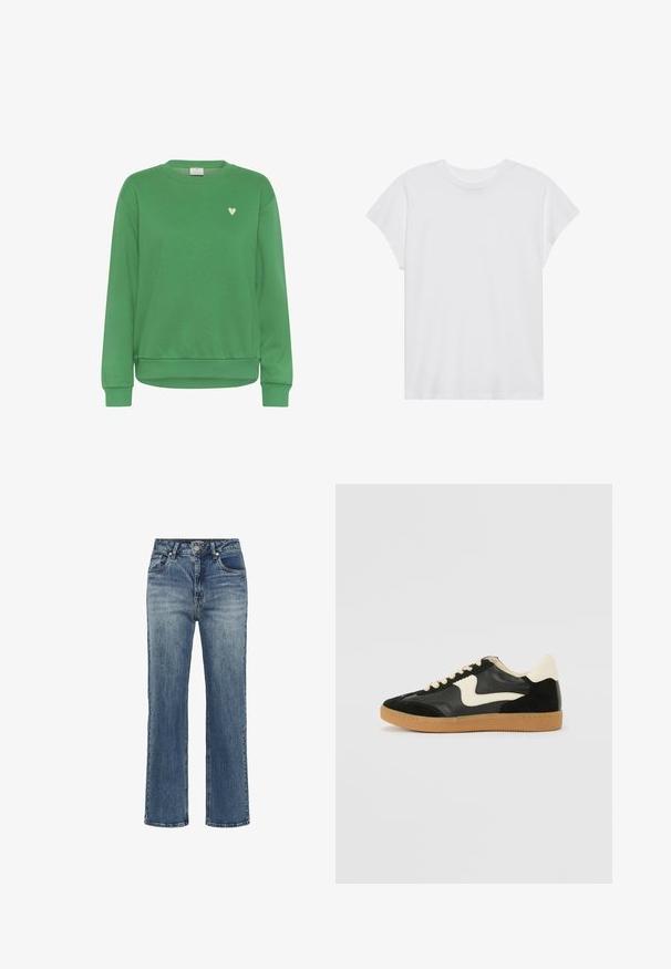 Sweat-shirt vert en coton, avec un col rond, des manches longues, des poignets côtelés et un petit accent en forme de cœur blanc sur la poitrine.; T-shirt blanc à manches courtes, col rond, coupe décontractée, en tissu de coton doux. Texture lisse, sans motifs ni logos.; Jean droit en denim bleu avec taille haute, fermeture boutons, et poches avant, présentant un léger effet délavé et de subtils détails whiskering.; Baskets en daim et cuir noir avec un swoosh latéral crème et un talon crème clair. Dotées de lacets beige et d'une semelle en caoutchouc gomme.