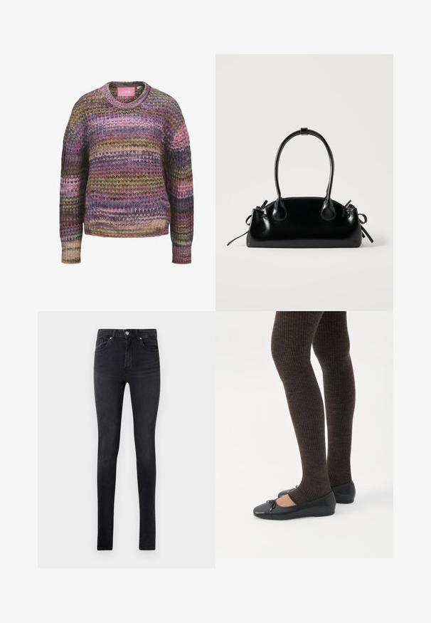 Multifarvet strikket sweater med vandrette striber i pink, brun, gul og blå, med rund hals og ribstrikkede manchetter og kant.; Sorte slim-fit denim jeans med fem lommer og knapåbning i taljen, præsenteret mod en ensfarvet hvid baggrund.; Ben iført mørke ribbede leggings kombineret med sorte balletsko med små sløjfedetaljer på hvid baggrund.; Lille sort blank håndtaske med to lange håndtag og snøre-detaljer i siden på en ensfarvet lys baggrund.