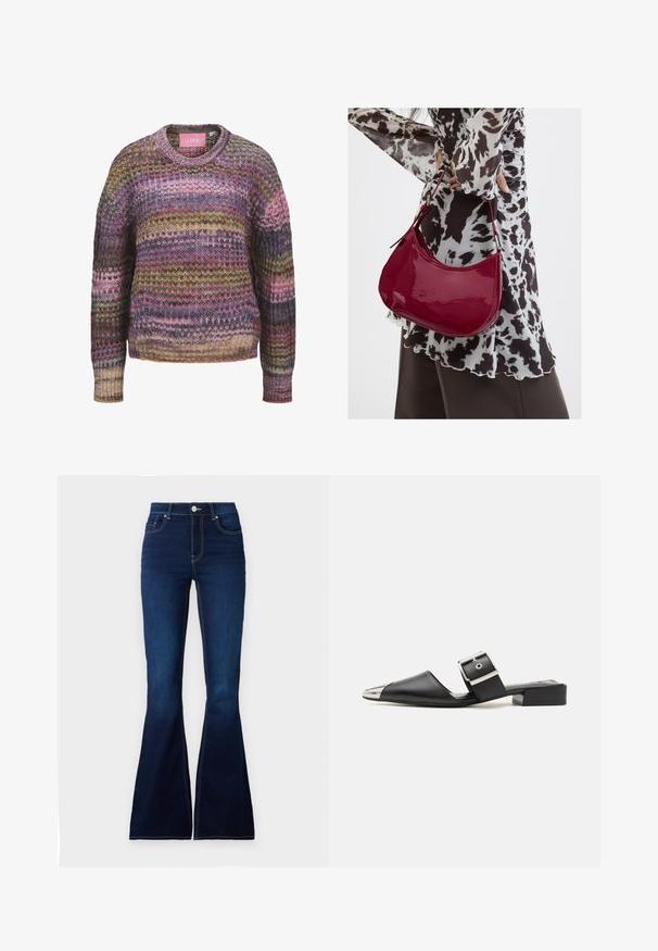 Pull en maille multicolore avec des rayures horizontales en rose, marron, jaune et bleu, doté d'un col rond et de poignets et ourlet côtelés.; Jean flare bleu foncé à taille haute, en denim. Présente des coutures contrastées et une fermeture à bouton à l'avant. Texture lisse.; Sandale en cuir noir avec un bout pointu, un capuchon argent métallique et une sangle à boucle réglable. Talon bloc plat pour un bon soutien.; Femme portant un chemisier à motif noir et blanc tenant un sac à main rouge brillant sur un fond uni.